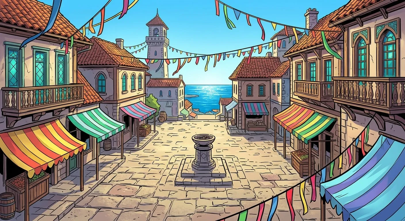 Generated comic-book location reference for Lantern Square: a sunny stone plaza with a central brazier, striped market awnings, colourful bunting strung between tiled-roof buildings with sea-glass windows, and a harbour tower and the sea beyond.