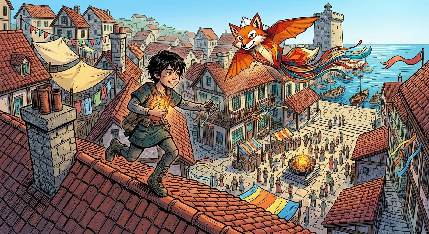 Generated comic-book cinematic frame from Nia and the First Flame of Solmar: a girl with dark hair runs along a sunlit tiled rooftop holding a small glowing flame, an orange fox-shaped kite with long tail streamers flies ahead of her, and below, a festival crowd fills a harbour square strung with bunting beside the blue sea.