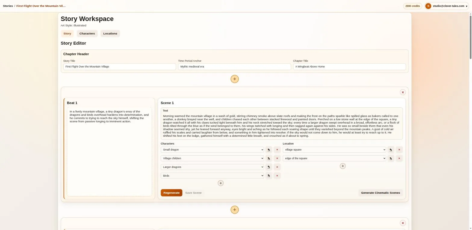 Clever Tales Studio Story workspace showing beats alongside generated scene text.